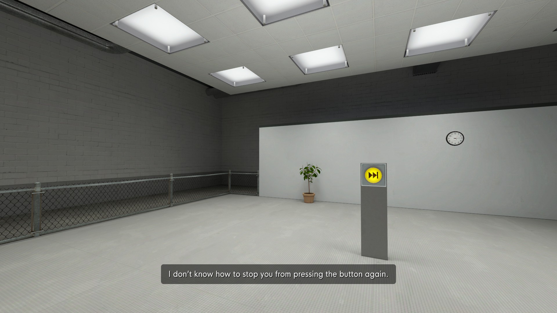 stanley parable screenshot, with the narrator saying 'i dont know how to stop you from pressing the button again.'